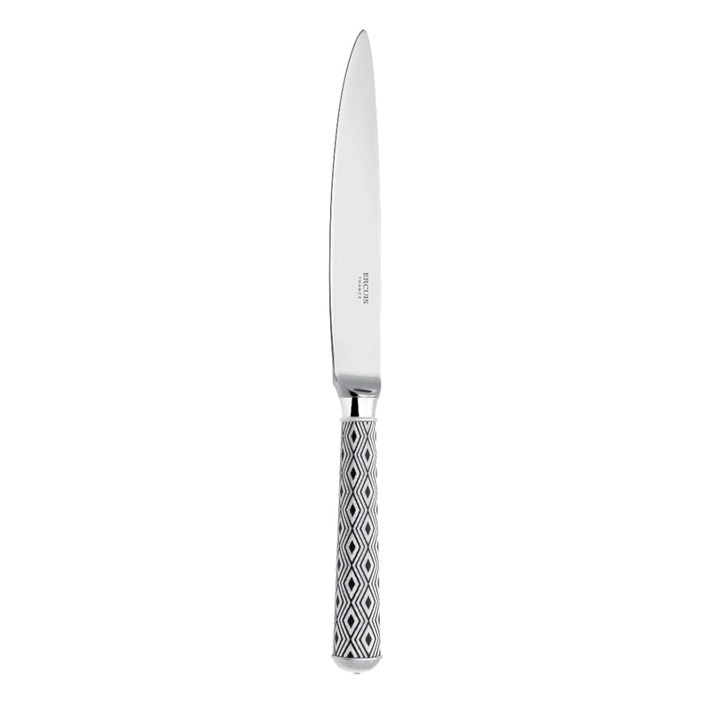 Arlequin Noir dinner knife by Ercuis, silver plated with black lacquer and guilloché engraving.