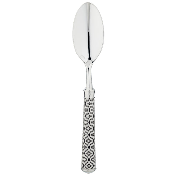 Arlequin Noir dessert spoon by Ercuis, silver plated with black lacquer and guilloché engraving.
