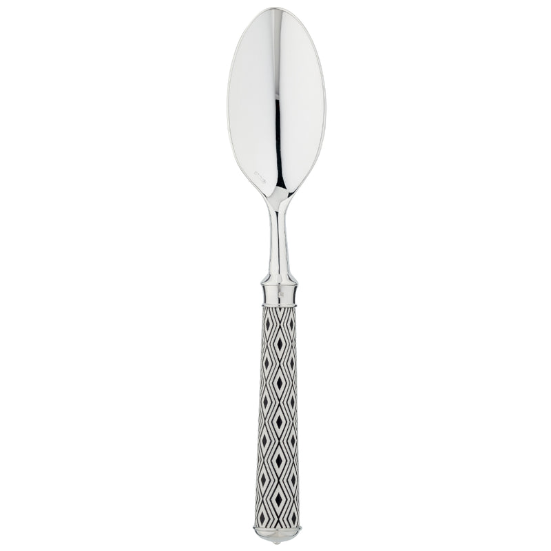 Arlequin Noir dessert spoon by Ercuis, silver plated with black lacquer and guilloché engraving.