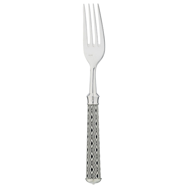 Arlequin Noir dessert fork by Ercuis, silver plated with black lacquer and guilloché engraving.