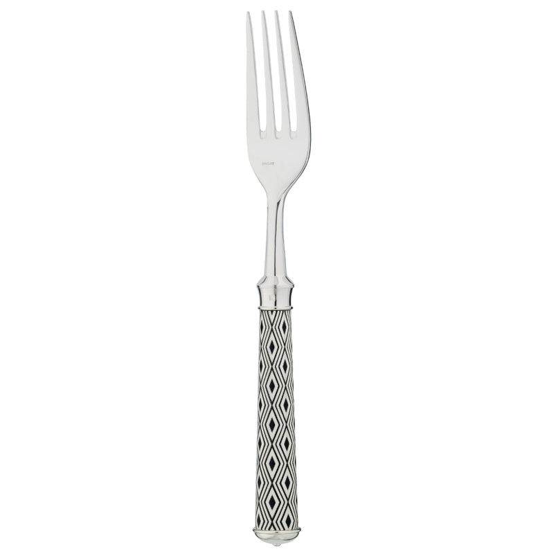 Arlequin Noir dessert fork by Ercuis, silver plated with black lacquer and guilloché engraving.