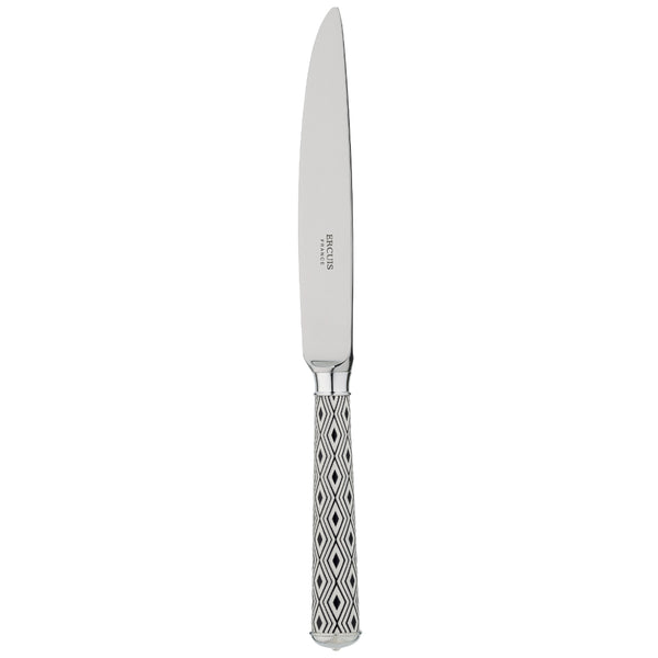 Arlequin Noir dessert knife by Ercuis, silver plated with black lacquer and guilloché engraving.