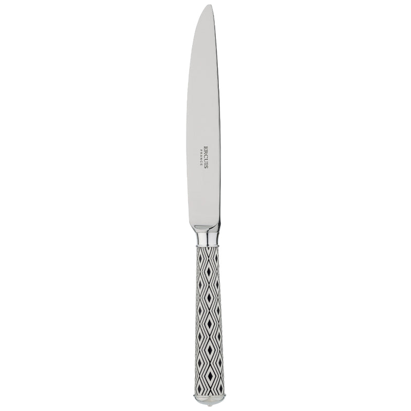 Arlequin Noir dessert knife by Ercuis, silver plated with black lacquer and guilloché engraving.