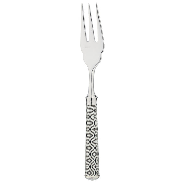 Arlequin Noir fish fork by Ercuis, silver plated with black lacquer and guilloché engraving.