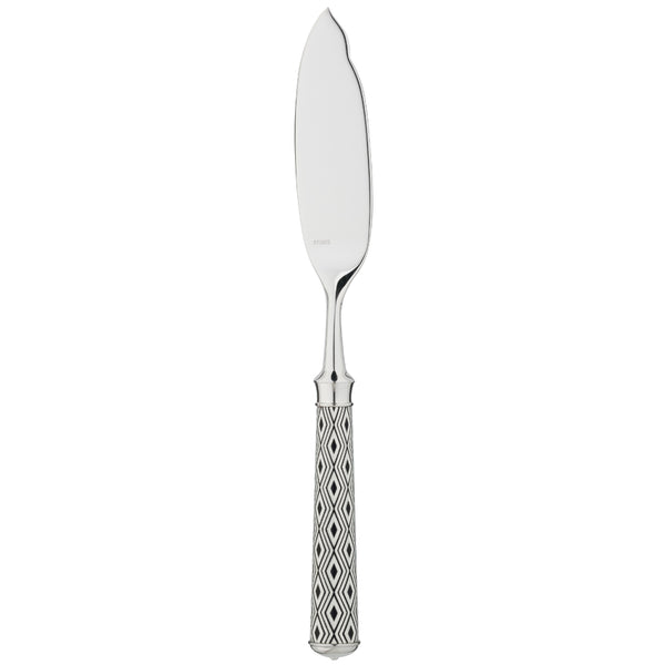 Arlequin Noir fish knife by Ercuis, silver plated with black lacquer and guilloché engraving.