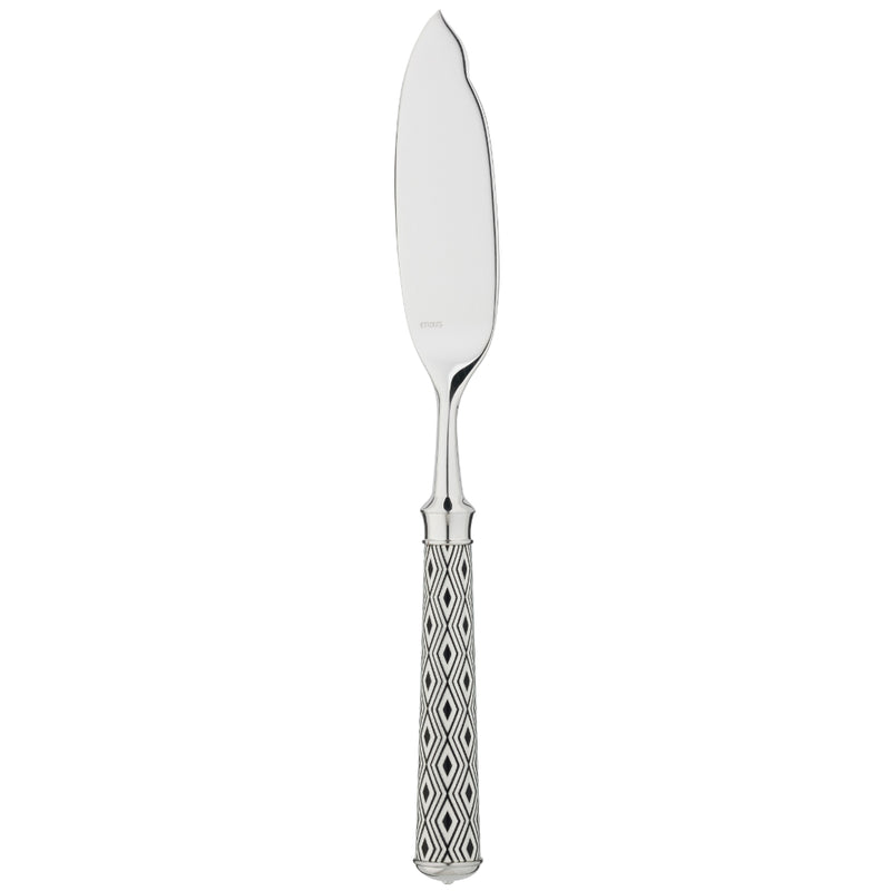 Arlequin Noir fish knife by Ercuis, silver plated with black lacquer and guilloché engraving.