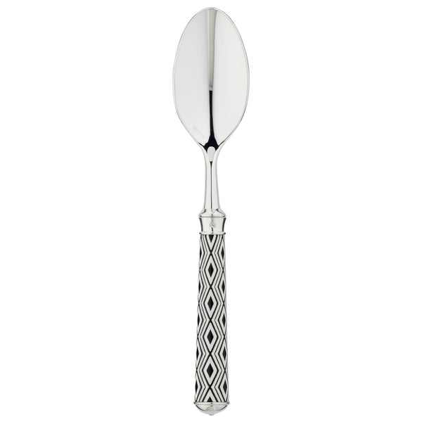 Arlequin Noir after-dinner tea spoon by Ercuis, silver plated with black lacquer and guilloché engraving.