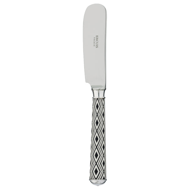 Arlequin Noir butter knife by Ercuis, silver plated with black lacquer and guilloché engraving.