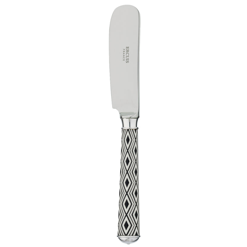 Arlequin Noir butter knife by Ercuis, silver plated with black lacquer and guilloché engraving.