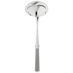 Arlequin Noir soup ladle by Ercuis, silver plated with black lacquer and guilloché engraving.