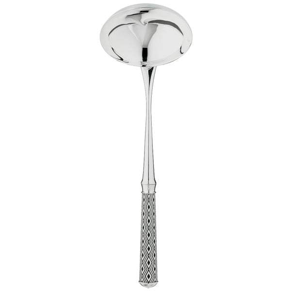 Arlequin Noir soup ladle by Ercuis, silver plated with black lacquer and guilloché engraving.