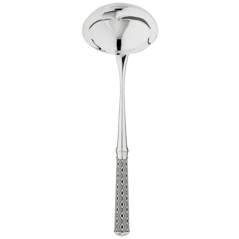 Arlequin Noir soup ladle by Ercuis, silver plated with black lacquer and guilloché engraving.