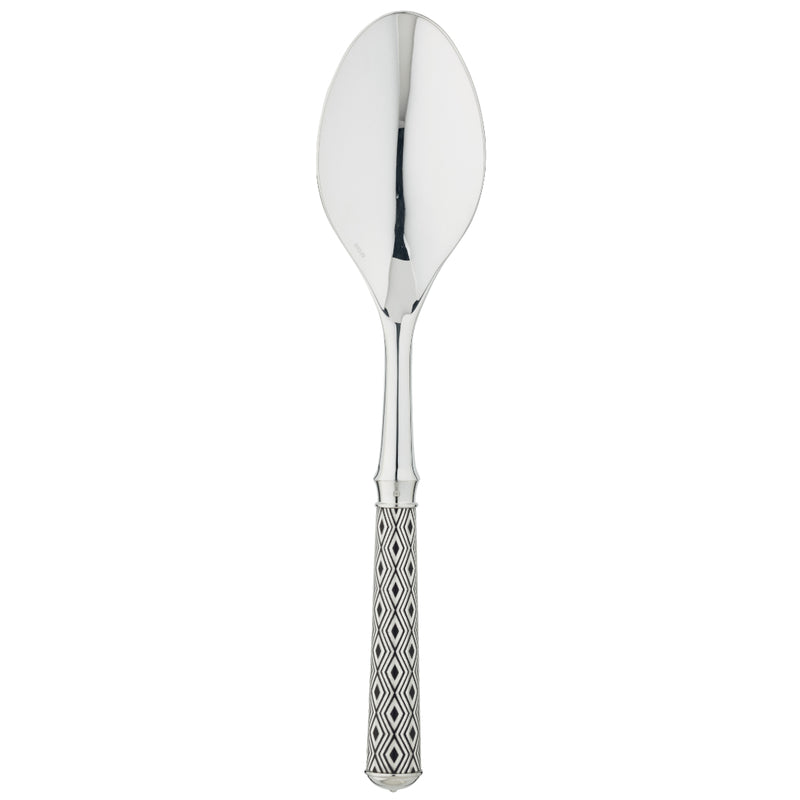 Arlequin Noir serving spoon by Ercuis, silver plated with black lacquer and guilloché engraving.
