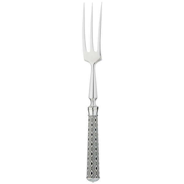Arlequin Noir carving fork by Ercuis, silver plated with black lacquer and guilloché engraving.