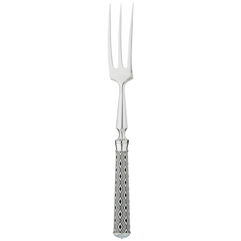 Arlequin Noir carving fork by Ercuis, silver plated with black lacquer and guilloché engraving.