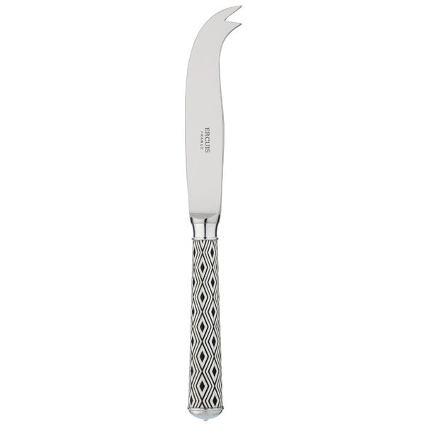 Arlequin Noir cheese knife with 2 prongs by Ercuis, silver plated with black lacquer and guilloché engraving.