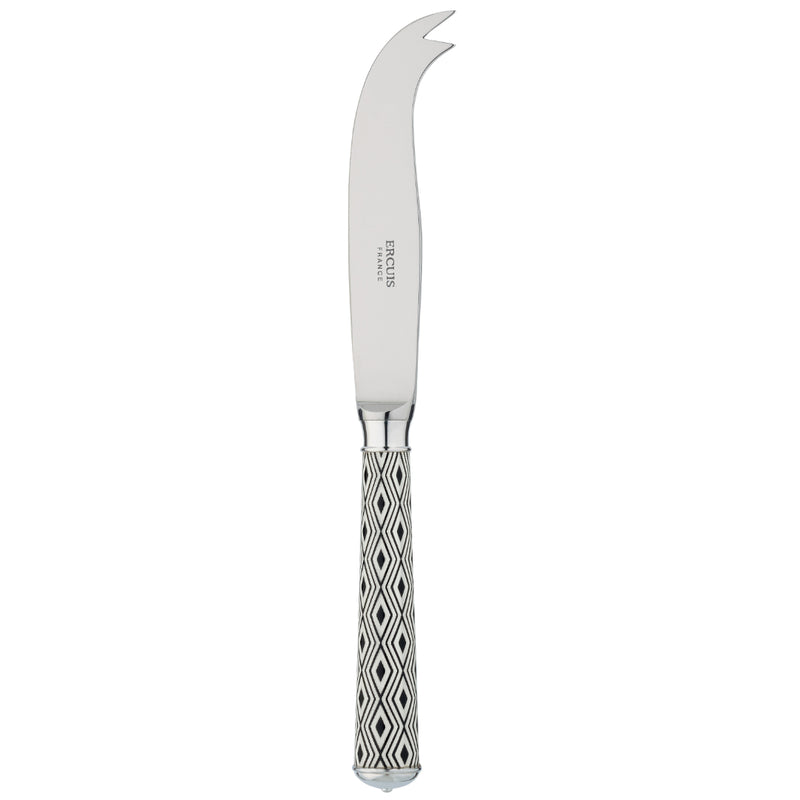 Arlequin Noir cheese knife with 2 prongs by Ercuis, silver plated with black lacquer and guilloché engraving.