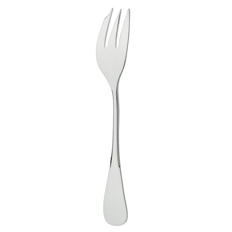 Silver-plated pastry fork with three tines and smooth tapered handle from the Ercuis Baguette collection.