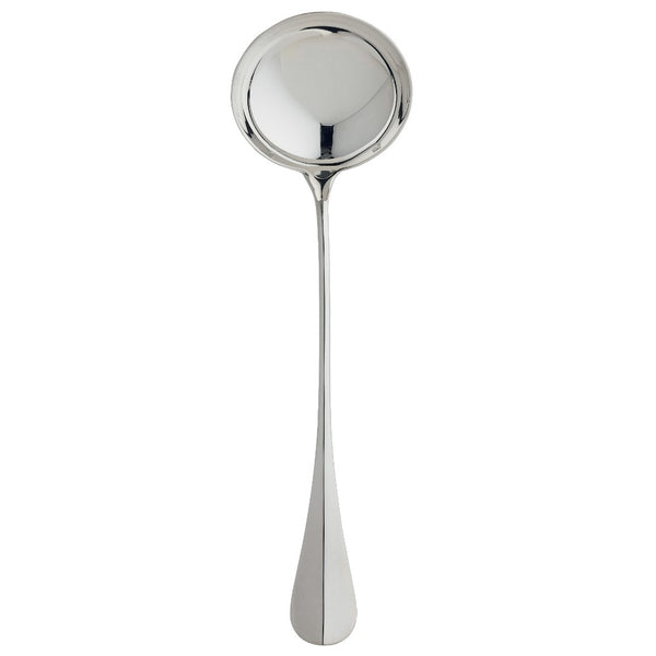 Silver-plated soup ladle with wide round bowl and elongated tapered handle from the Ercuis Baguette collection.