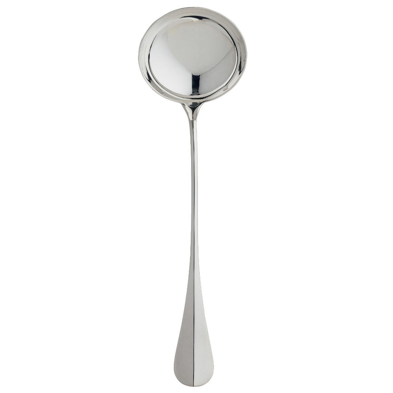 Silver-plated soup ladle with wide round bowl and elongated tapered handle from the Ercuis Baguette collection.