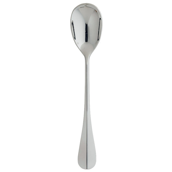 Silver-plated salad serving spoon with wide oval bowl and polished tapered handle from the Ercuis Baguette collection.