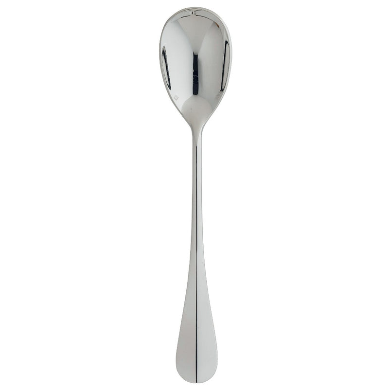 Silver-plated salad serving spoon with wide oval bowl and polished tapered handle from the Ercuis Baguette collection.