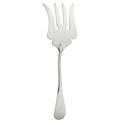 Silver-plated fish serving fork with wide tines and decorative cut-outs.