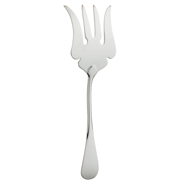 Silver-plated fish serving fork with wide tines and decorative cut-outs.