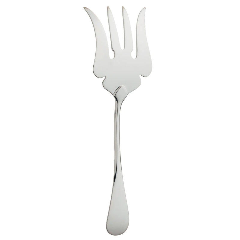 Silver-plated fish serving fork with wide tines and decorative cut-outs.