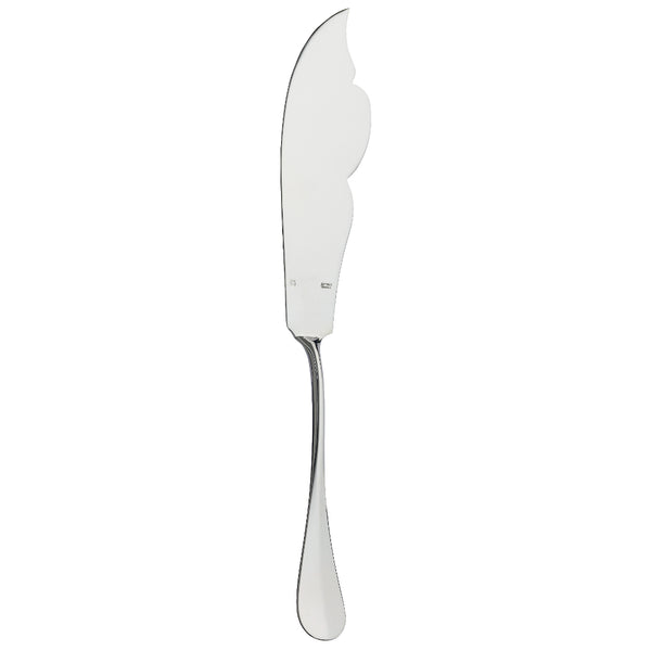 Silver-plated fish serving knife with curved blade and notched detail.