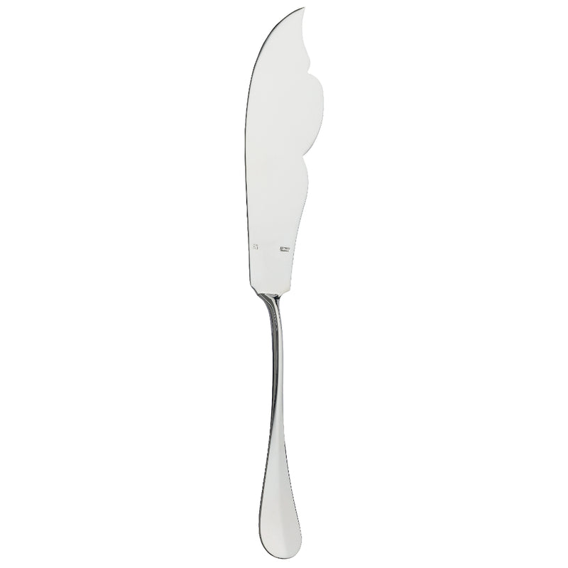Silver-plated fish serving knife with curved blade and notched detail.
