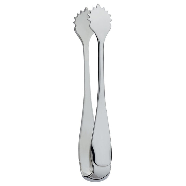 Silver-plated sugar tong with polished tapered handles and sunburst-patterned grips from the Ercuis Baguette collection.