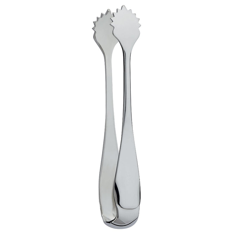 Silver-plated sugar tong with polished tapered handles and sunburst-patterned grips from the Ercuis Baguette collection.