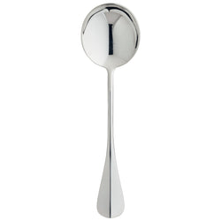 Silver-plated bouillon spoon with round deep bowl and tapered handle from the Ercuis Baguette collection.
