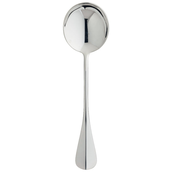 Silver-plated bouillon spoon with round deep bowl and tapered handle from the Ercuis Baguette collection.