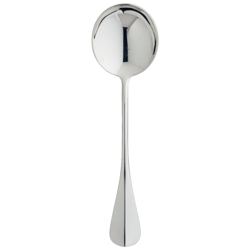 Silver-plated bouillon spoon with round deep bowl and tapered handle from the Ercuis Baguette collection.