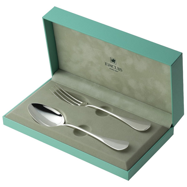 Ercuis Baguette silver-plated children’s flatware set with fork and spoon in giftbox.
