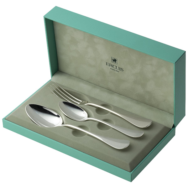 Ercuis Baguette silver-plated children’s flatware set of three pieces in giftbox.