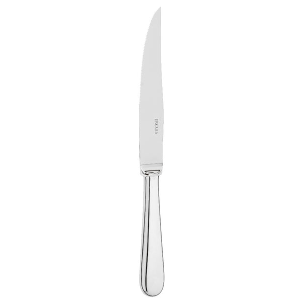 Silver-plated steak blade dinner knife with serrated edge and rounded handle from the Baguette collection by Ercuis.
