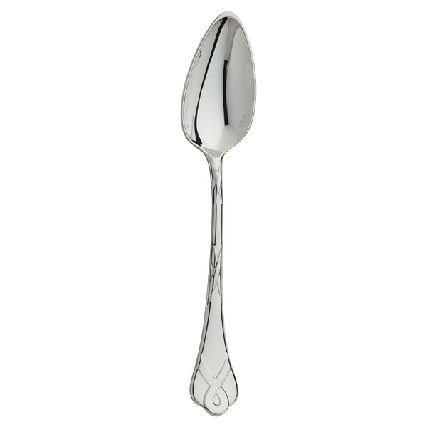 Silver-plated US tea spoon with ribbon detail and mirror finish.