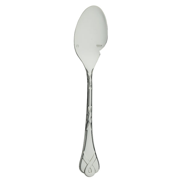 Silver-plated individual gravy spoon with ribbon motif and curved bowl, Paris collection.