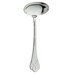 Silver-plated gravy ladle with Parisian ribbon motif handle.