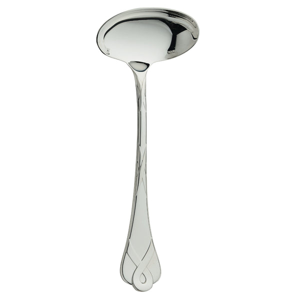 Silver-plated gravy ladle with Parisian ribbon motif handle.