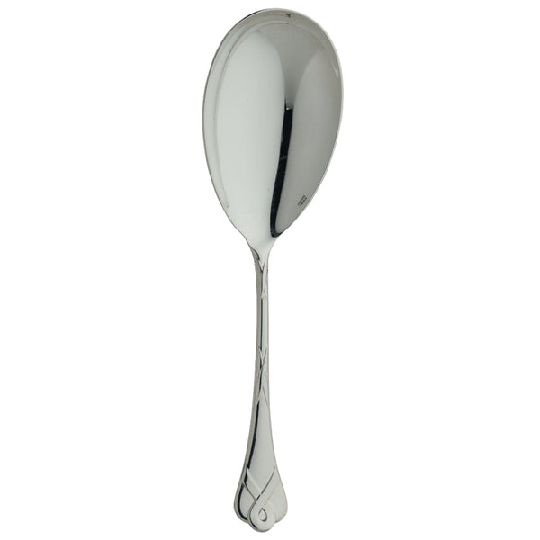 Silver-plated rice or potato ladle with ribbon motif on its handle.