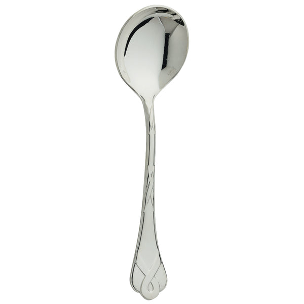 Silver-plated Paris bouillon spoon with French ribbon motif handle by Ercuis.