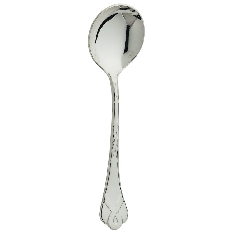 Silver-plated Paris bouillon spoon with French ribbon motif handle by Ercuis.