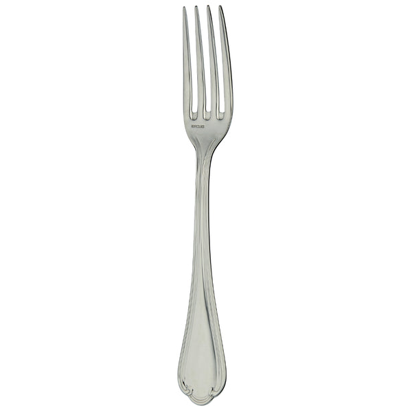 Sully dessert fork by Ercuis in polished stainless steel with ridge handle and shell motif.
