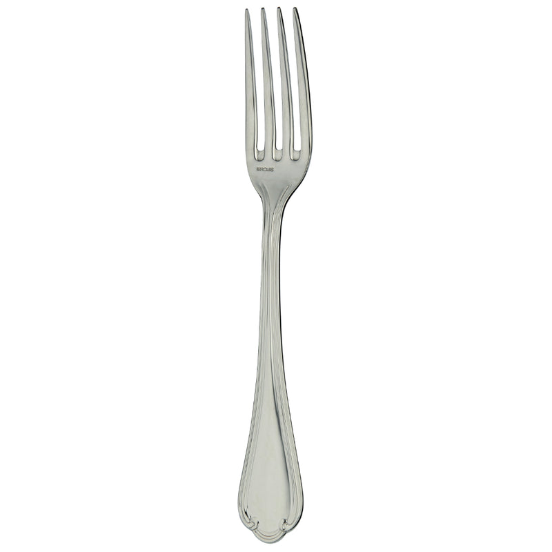 Sully dessert fork by Ercuis in polished stainless steel with ridge handle and shell motif.