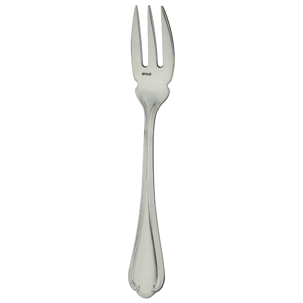 Sully fish fork by Ercuis in polished stainless steel with ridge handle and shell detail.