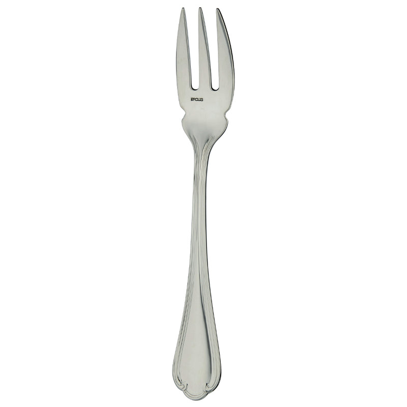 Sully fish fork by Ercuis in polished stainless steel with ridge handle and shell detail.